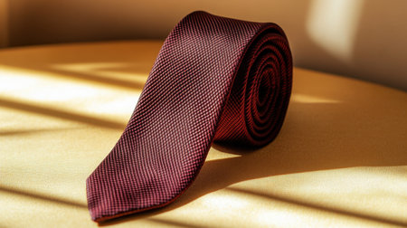 This image features a maroon tie with a textured finish, rolled elegantly on a golden surface, highlighted by soft light and shadows, ideal for style inspiration.の素材
