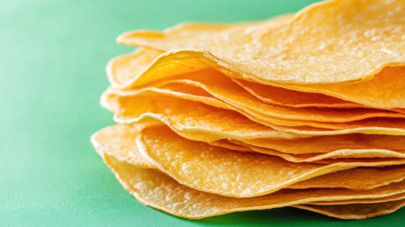 This image showcases a close-up view of a stack of golden potato chips on a vibrant green background, highlighting their crispy texture and inviting appearance.の素材