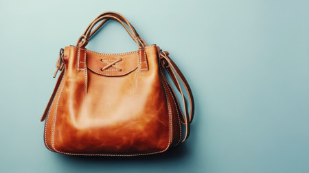 This stunning brown leather handbag boasts elegant design and intricate stitching, perfectly complementing any outfit or occasion on a soft blue background.の素材