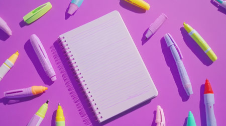 A blank notebook is placed at the center surrounded by a variety of colorful stationery items, showcasing a vibrant and creative workspace on a purple background.の素材