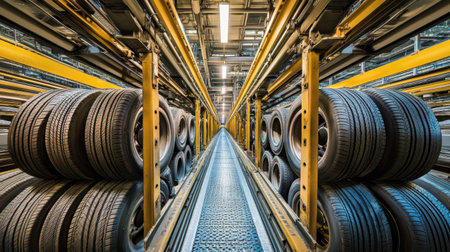 This image captures an organized industrial warehouse storing automobile tires on rack systems. Bright lights illuminate the clean space, enhancing visibility and productivity.の素材