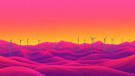 A captivating landscape featuring wind turbines on rolling hills, illuminated by a stunning sunset in vibrant pink and orange hues, creating an otherworldly atmosphere.の素材