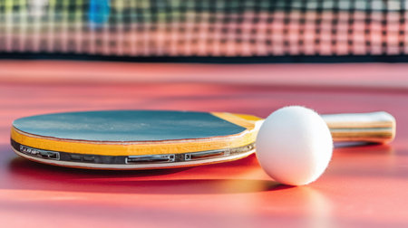 A vibrant image showcasing a table tennis paddle and ball resting on a court, with a net in the background, perfect for sports enthusiasts and leisure activities.の素材