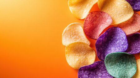 This vibrant image showcases a variety of colorful potato chips scattered on a bold orange background, perfect for food marketing and snack advertising.の素材