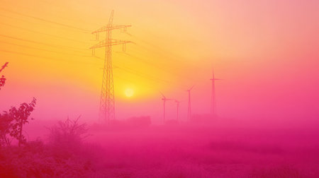An enchanting scene of a serene sunrise where wind turbines and power lines stand amidst a vibrant fog. The landscape is awash with pink and orange hues, evoking tranquility and the beauty of nature.の素材