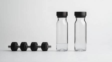 A minimalist arrangement featuring clear glass water bottles next to dumbbells, symbolizing fitness and hydration for a healthy lifestyle.の素材