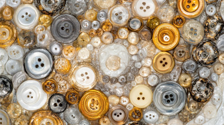 A captivating close-up image showcasing an intricate arrangement of buttons in various colors, textures, and sizes. This visually appealing composition highlights the beauty and diversity of these sewing materials, suitable for crafts or design inspirations.の素材