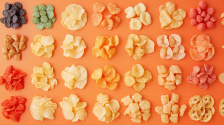 A vibrant display of an assortment of crunchy snacks including chips, crisps, and gummies arranged aesthetically on an orange background. Perfect for parties or casual gatherings.の素材