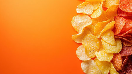 A vibrant display of crispy potato chips in various colors against a bright orange background, perfect for food and snack themes, evoking joy and indulgence.の素材