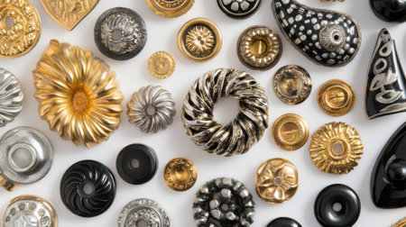 This image showcases an exquisite array of decorative metallic buttons featuring various shapes and designs, perfect for enhancing crafts and fashion projects.の素材