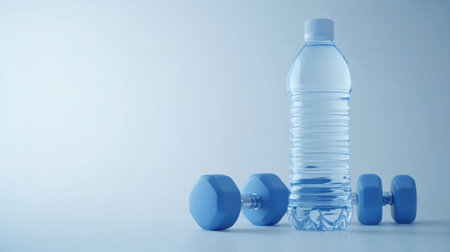 This image features a clear water bottle and blue dumbbells on a light background, symbolizing fitness and hydration. Ideal for health and exercise themes.の素材