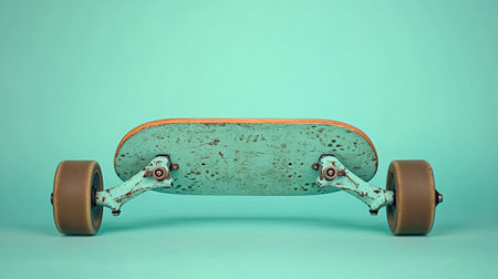 A vintage skateboard rests against an aquamarine backdrop, showcasing its unique design and retro allure. Perfect for capturing the spirit of action sports.の素材