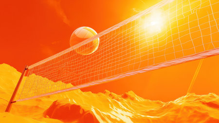 A vibrant volleyball scene at sunset showcases a glowing beach atmosphere with a net and bright colors. The energy of summer sports is palpable.の素材