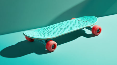 A vibrant aqua skateboard featuring bold red wheels sits against a smooth, softly colored background. This image captures a playful and modern design, highlighting themes of adventure and youth culture. Perfect for showcasing active lifestyle and recreational concepts.の素材