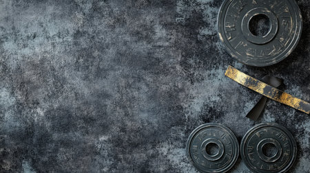 A collection of black weight plates rests on a dark textured background, perfect for showcasing gym equipment, fitness activities, and strength training.の素材