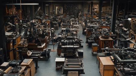 Explore the intricacies of a vintage workshop filled with a vast array of antique machines. This interior showcases the rich history of manufacturing, highlighting craftsmanship and innovation in every corner.の素材