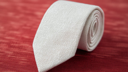 This image features a rolled light-colored tie resting on a vibrant red background, ideal for showcasing fashion accessories in business or formal settings.の素材