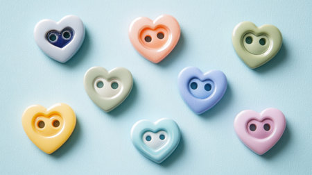 A charming arrangement of heart-shaped buttons in various soft pastel colors on a light blue background, perfect for sewing or craft projects.の素材