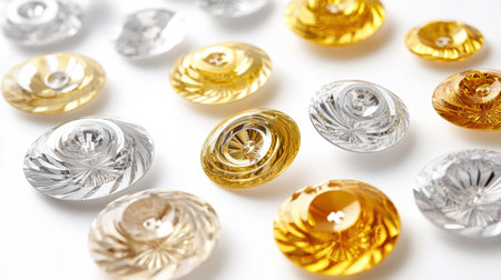A vibrant collection of colorful and shiny buttons displayed on a clean white background. Ideal for fashion design, crafts, and decorative projects.の素材