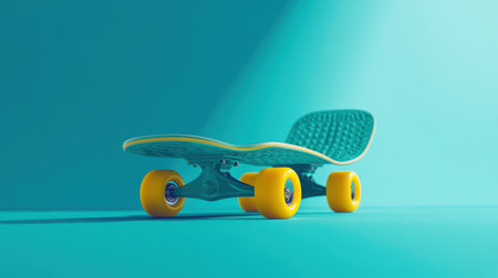 This image features a colorful skateboard set against a bright blue background, highlighting a modern and minimalistic style ideal for promoting youth culture and active lifestyles.の素材