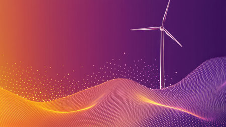 A stunning abstract representation featuring a wind turbine set against a vibrant gradient background. Dotted wave patterns symbolize energy and sustainability.の素材