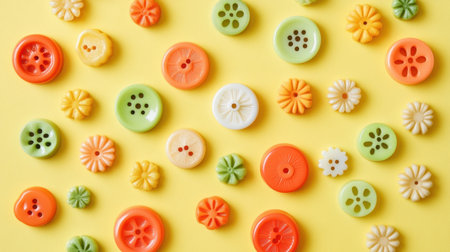 A vibrant collection of colorful buttons in various shapes and sizes arranged on a bright yellow background, perfect for crafting projects and creative inspiration.の素材