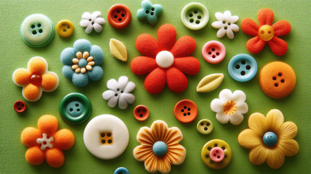 A vibrant assortment of decorative buttons in various flower shapes and colors displayed on a bright green background, perfect for creative projects.の素材