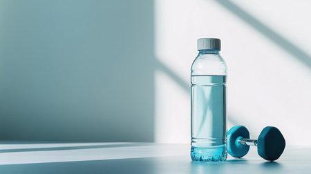 A clear water bottle filled with liquid sits next to a blue dumbbell, casting shadows in a bright, minimalist setting, ideal for fitness and health themes.の素材