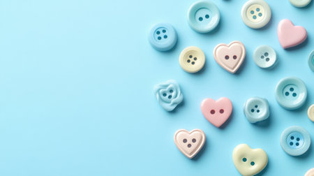 A visually appealing collection of colorful buttons, featuring heart and round shapes, set against a soft blue background. Ideal for craft lovers.の素材
