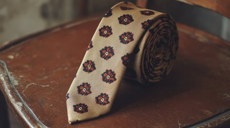 This image features a meticulously rolled elegant tie with a floral pattern resting on a vintage wooden table, showcasing sophisticated style and craftsmanship.の素材