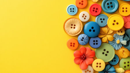 A vibrant collection of buttons and flowers arranged artistically on a bright yellow background, perfect for crafting, sewing, or artistic projects.の素材