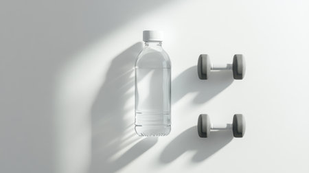 This image features a clear water bottle and two small dumbbells on a clean white background, emphasizing the themes of fitness, hydration, and healthy living.の素材