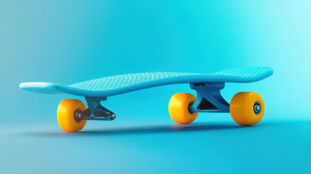 A colorful blue skateboard with striking yellow wheels sits against a bright minimalist backdrop, symbolizing energy, adventure, and youthful spirit in outdoor activities.の素材
