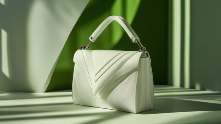 A sophisticated white handbag showcases a unique geometric design, beautifully illuminated by natural light against a vibrant green backdrop, emphasizing modern elegance.の素材