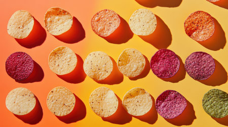 A visually striking composition showcasing an assortment of round chips against a vibrant gradient background, highlighting textures and shadows.の素材