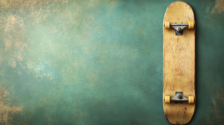 A close-up image of a vintage skateboard resting against a textured background, ideal for creative projects, advertising, or artistic expression in design.の素材