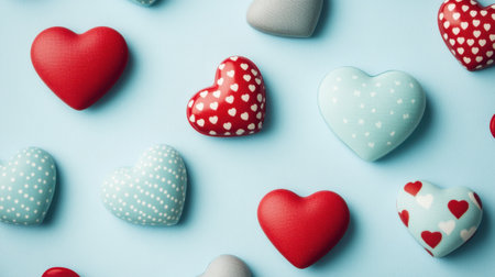 Vibrant heart-shaped decorations in red and blue adorn a soft blue background, perfect for celebrating love and romance on special occasions.の素材