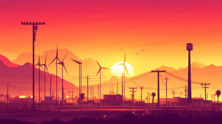A stunning sunset landscape showcasing wind turbines amidst majestic mountains, with colorful skies and serene silhouettes creating an energetic and tranquil scene.の素材