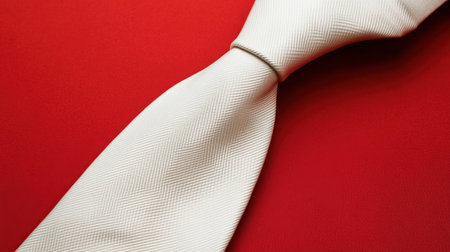 A sophisticated white tie displayed against a striking red background, perfect for fashion, formal attire, and accessory imagery in various settings.の素材