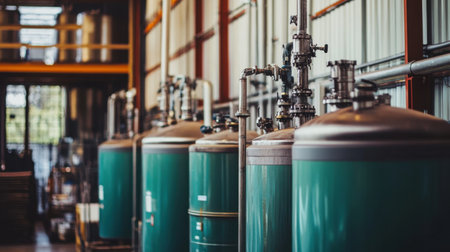 A detailed view of industrial storage tanks arranged in a modern warehouse. The image captures the clean lines, bright light, and complex equipment typical in manufacturing settings.の素材