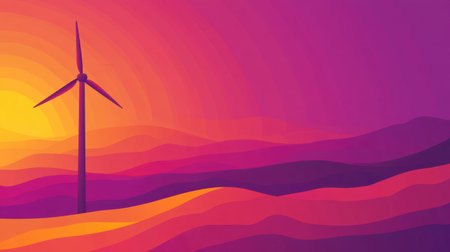 This vivid abstract illustration features a solitary wind turbine amidst colorful waves, capturing a stunning sunset. It evokes a sense of calm and beauty in nature.の素材