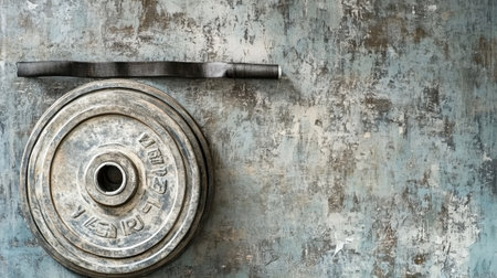 A close-up view of a weight plate and barbell positioned on a rustic textured background, perfect for showcasing gym equipment, fitness motivation, and strength training.の素材
