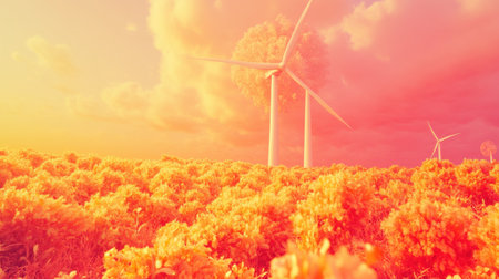 Discover a stunning scene of a colorful sunset casting warm light over a vibrant flower field, accented by wind turbines in the distance. This image evokes a sense of calm and the beauty of renewable energy in harmony with nature.の素材