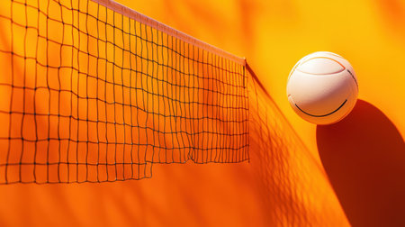 A vibrant composition featuring a volleyball and net against a bright orange background. This image captures the essence of sports and leisure activities, ideal for promoting fitness or summer events.の素材