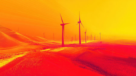 A stunning view of wind turbines against a vibrant sunset, showcasing bright yellows and oranges in the sky, symbolizing renewable energy and nature.の素材