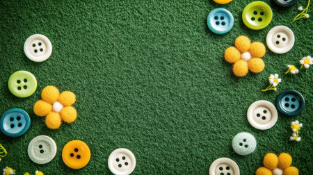 A vibrant arrangement of colorful buttons and yellow felt flowers on a green textile background, ideal for crafting projects and decoration inspiration.の素材
