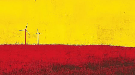 Bright and vivid landscape featuring wind turbines against a striking yellow sky and a deep red foreground, representing renewable energy's beauty.の素材