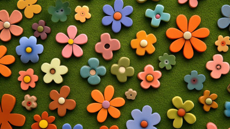 This vibrant collection of decorative flowers offers a cheerful and colorful aesthetic perfect for crafting, design projects, or nature-themed compositions.の素材