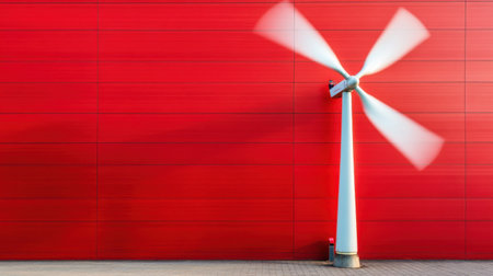 This image features a modern wind turbine installed against a vibrant red wall, showcasing motion blur that signifies energy production and innovation.の素材