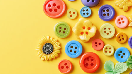 A lively and colorful collection of plastic buttons and flower shapes scattered over a bright yellow background, perfect for craft projects and creative inspiration.の素材